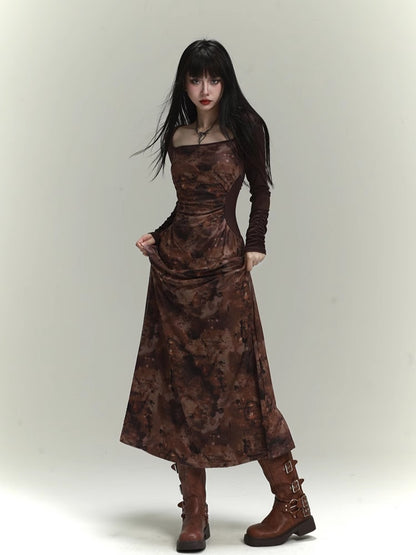 Millard Fashion Brown Square Neck Gathering Details Slim-fitting Dress