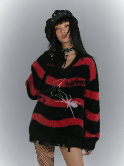 Black Punk Sweater Spider Red V-neck and Striped