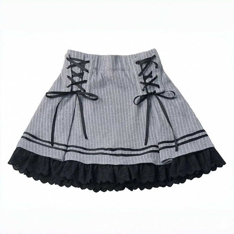 Vintage Kawaii Grey Knit Skirt with Lace Trim & Lace-Up Detailing - PINK SAVIOR