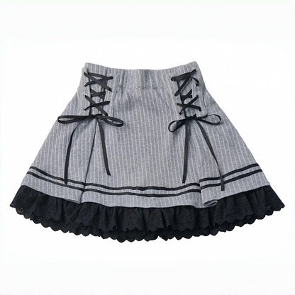 Vintage Kawaii Grey Knit Skirt with Lace Trim & Lace-Up Detailing - PINK SAVIOR