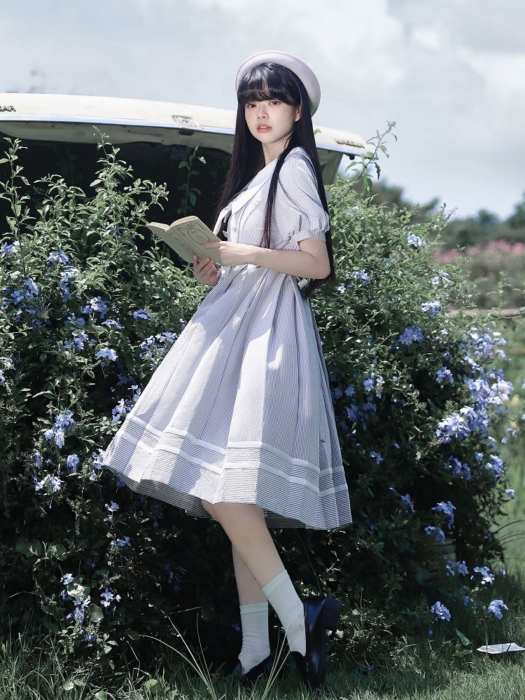 Weiß Gestreiften und Kleid Sommer Ärmeln Taille Puff Blau Gürtel mit