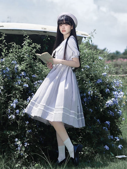 Weiß Gestreiften und Kleid Sommer Ärmeln Taille Puff Blau Gürtel mit