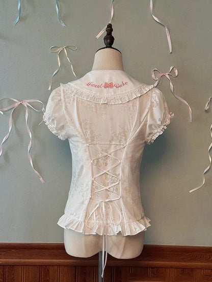 Peter Ärmel Verzierter Kragen Pan Puff Bluse Schleifen Weiß Rosa