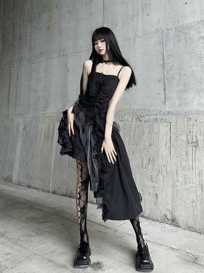 Black Asymmetrical Hem Flounce Trim Glamorous Cami Dress