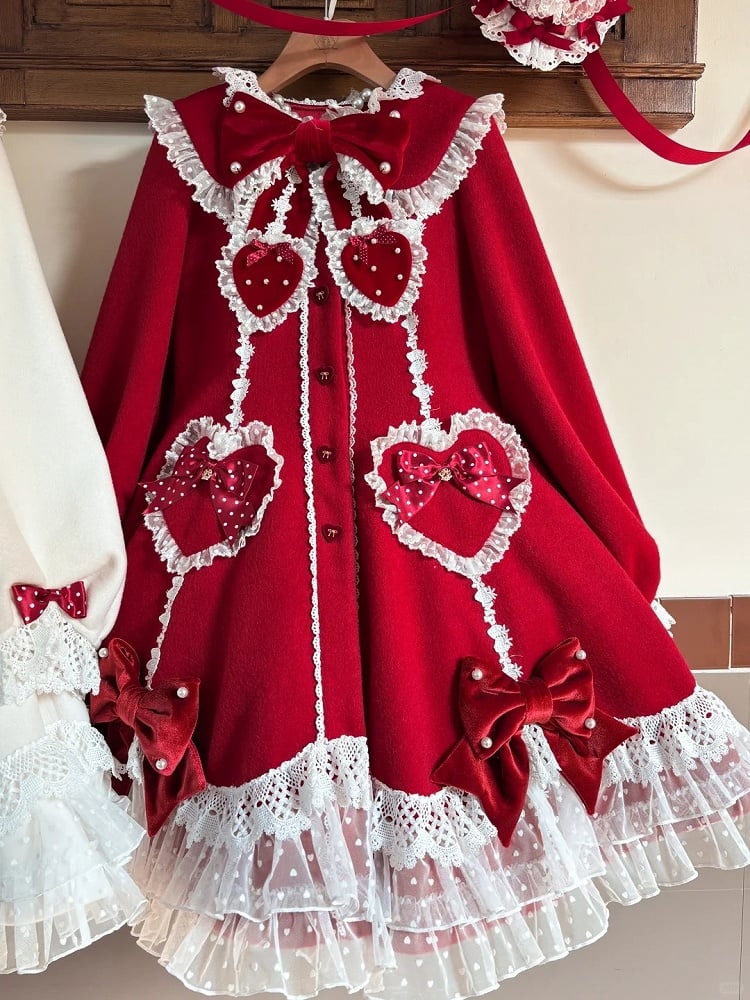 Red Trim Bows Lace White Coat with and Velvet Lolita
