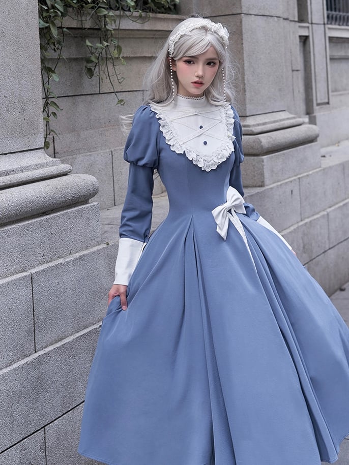 Blaues elegantes Juliette-Ärmelkleid Nonne Lolita Langarm Einteiler