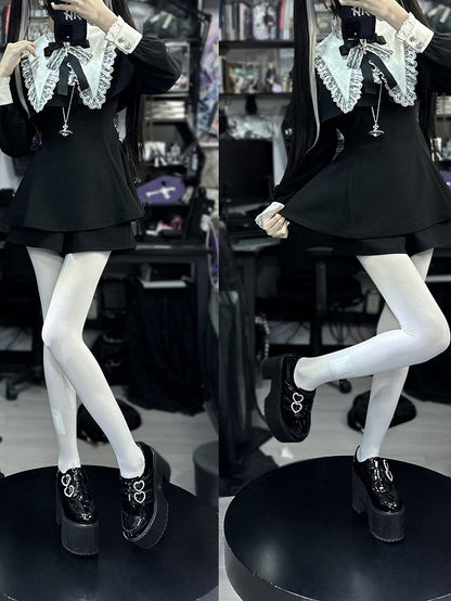Set: Shorts Pointed Long Bow Black Gothic Tie Full White Landmine Faux Sleeve Detachable Collar Cape + Top Style