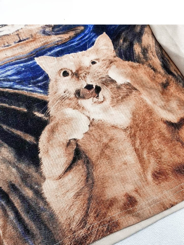 Apricot Round Neck Cat Oil Painting Glamorous Slim-fitting Top