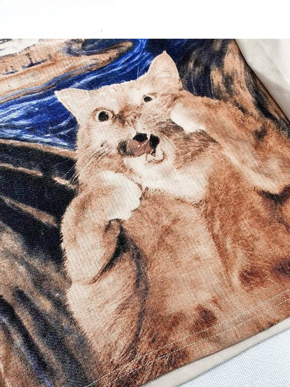 Apricot Round Neck Cat Oil Painting Glamorous Slim-fitting Top