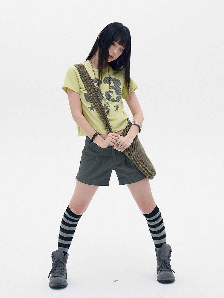 Lemon Yellow Round Neck Tee with Letter Print and Stars - innomoood