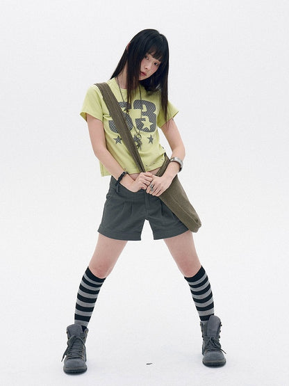 Lemon Yellow Round Neck Tee with Letter Print and Stars - innomoood