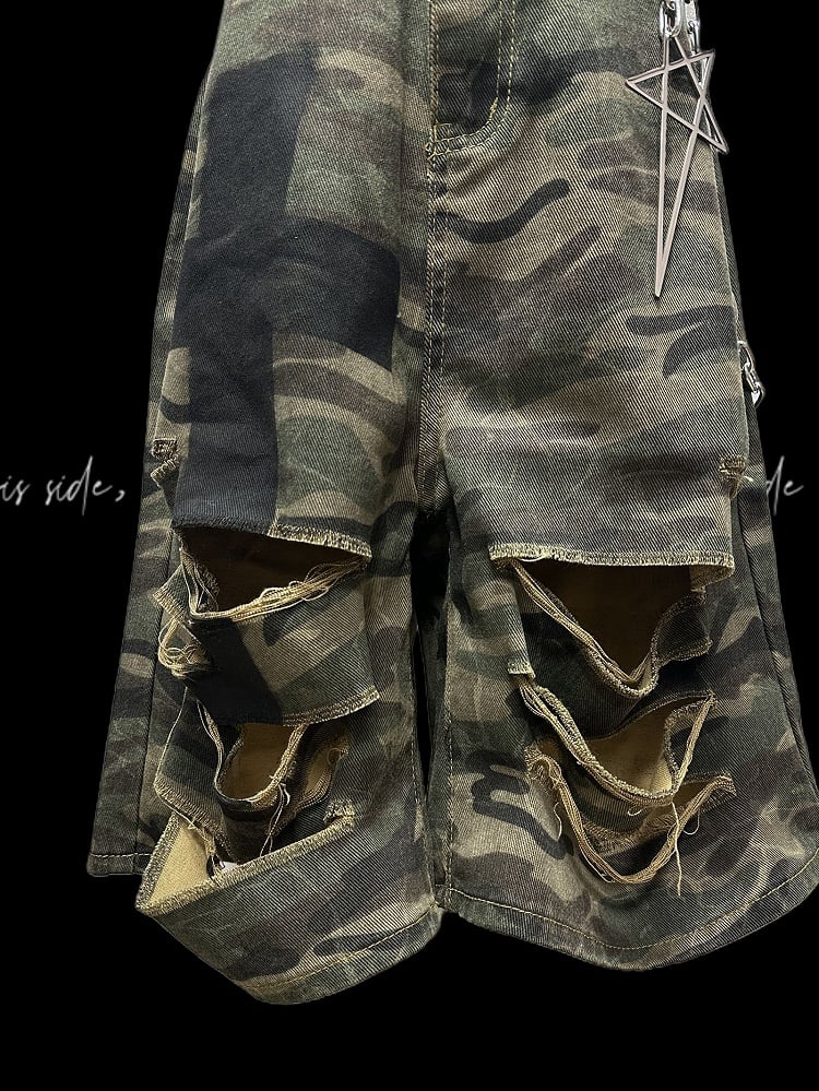 Punk Camouflage Distressed Holes Wasteland Wide-Leg Shorts