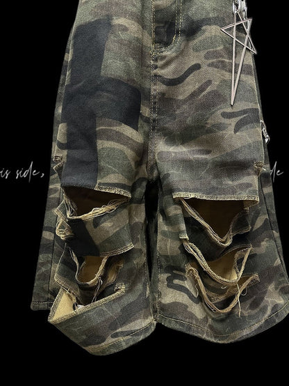 Punk Camouflage Distressed Holes Wasteland Wide-Leg Shorts