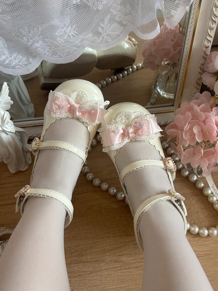 Elegant Lace Bow Round Toe Pumps - 2.5cm Low Heels - Blossoms