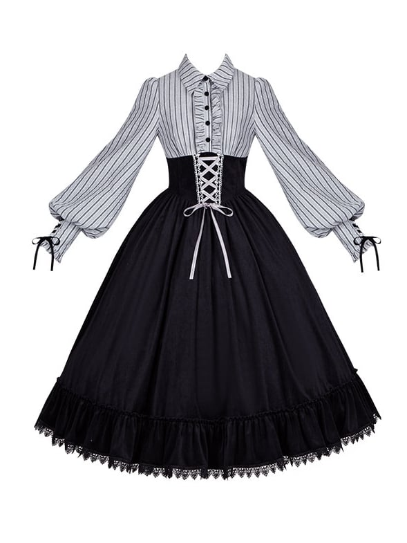 Waist Dress and Fake Striped Blouse Boned Pieces Black Design Skirt Lolita Two