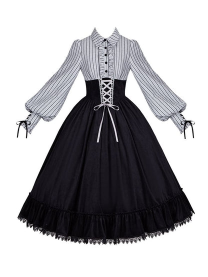 Waist Dress and Fake Striped Blouse Boned Pieces Black Design Skirt Lolita Two