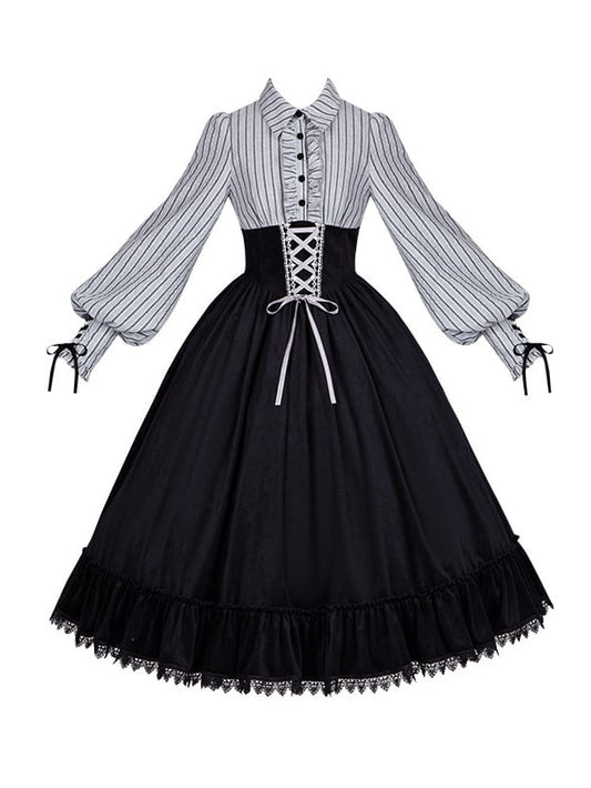 Waist Dress and Fake Striped Blouse Boned Pieces Black Design Skirt Lolita Two