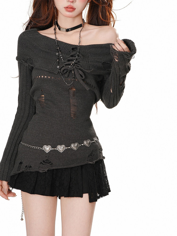 Light Grey/Dark Grey Lace-up Detail Distressed Off-Shoulder Knit Top