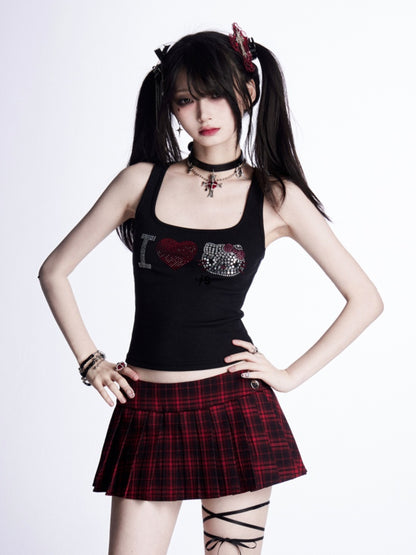 Waist Mini Black Pleated Skirt Red Plaid Low Glamorous