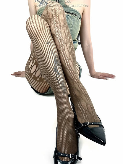 Cutout Options Tights Y2K Fishnet Design 4 Asymmetrical Color