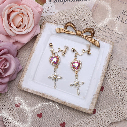 Earrings Jirai Options 4 Kei Heart Color Rhinestone Cross