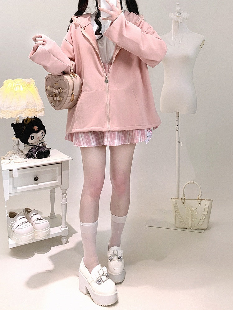 Jirai Crossed Bunny Kei Otaku Hood with Zip-Up Ears Hoodie