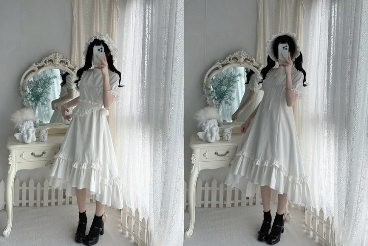 White Gothic Lolita High-Low Ruffled Dress with Cross Patches - Blossom Herald