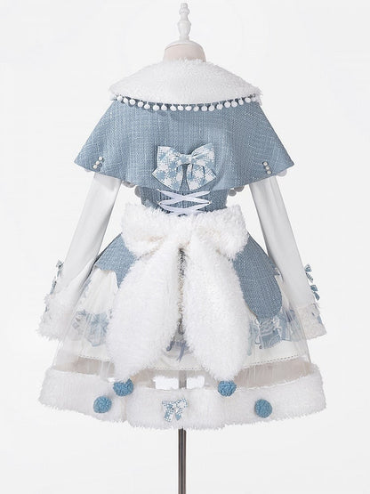 Print Winter Sweet Top Blue Lolita White Cape Snowman Set Knitted + - Tweed JSK