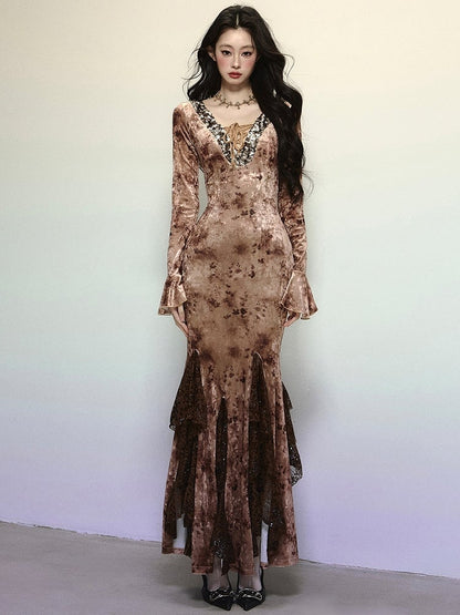 Kaffee Pailletten V-Ausschnitt Hohe Taille Spitze Patchwork Volant Meerjungfrau Rock Samtkleid Abendkleid