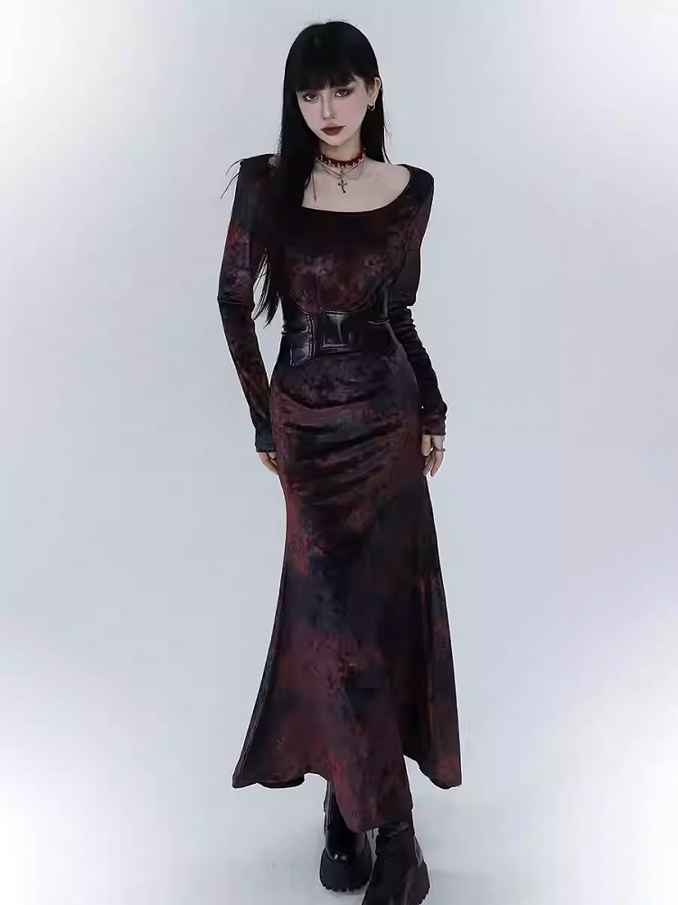 Black & Red Tie Dye Mermaid Skirt Velvet Dress