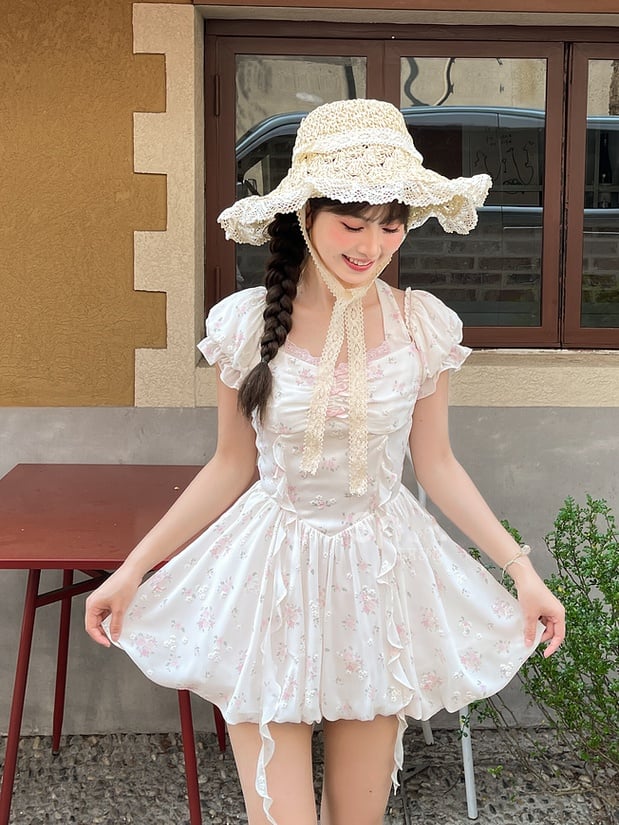 Waist Sweet White Puff Sleeves Basque Halter Neck Floral Dress
