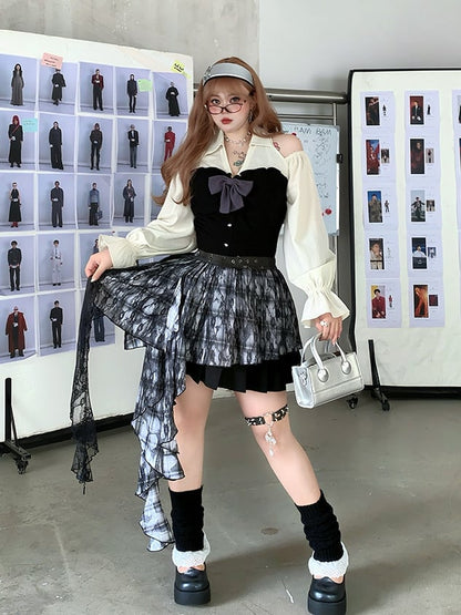 Bishop Dress Pleated Cutout Shoulder and Skirt / Sleeves Plus Size Black Brown with