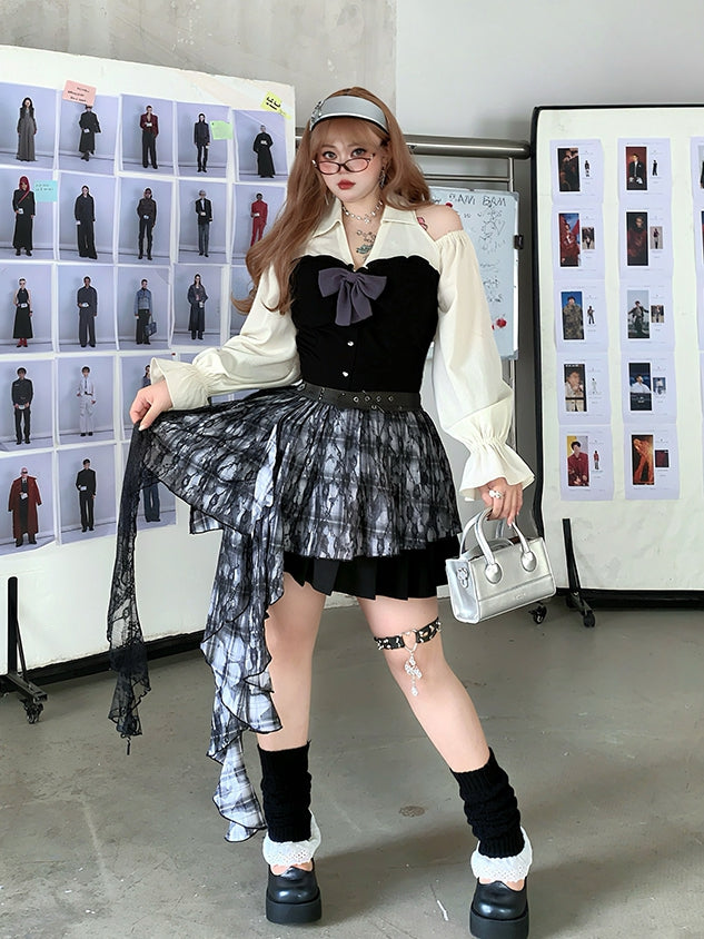 Black Pleated Skirt Dress with Cutout Shoulders and Bishop Sleeves - Hard Candy