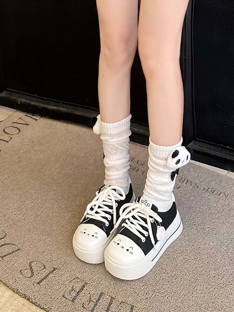 Closure Paw Lace-up Sweet Canvas Lolita Platform Sneakers-Cat Prints Black