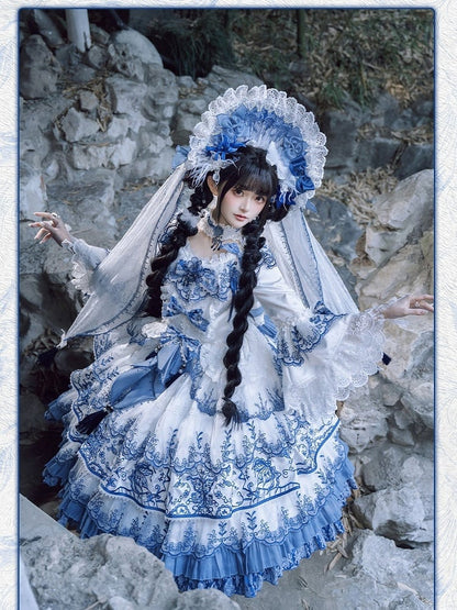Lace-Trimmed Porcelain Bonnet for Lolita - Bramble Rose