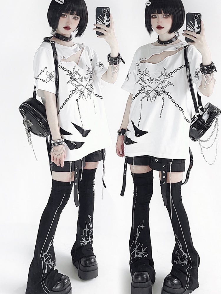 Y2K Print Black Over-the-Knee Flared Leg Warmers