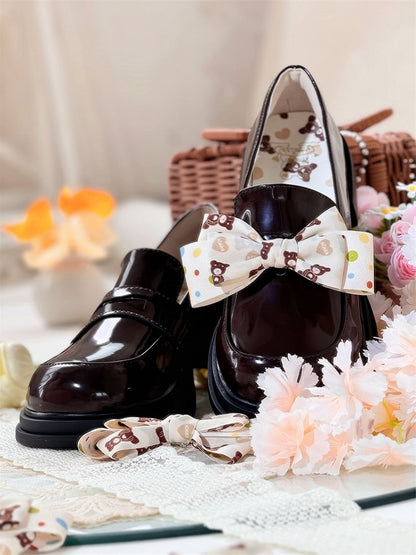 Bow Print School Brown Mid-heel Teddy Removable Bear Slip-Ons - with Preppy