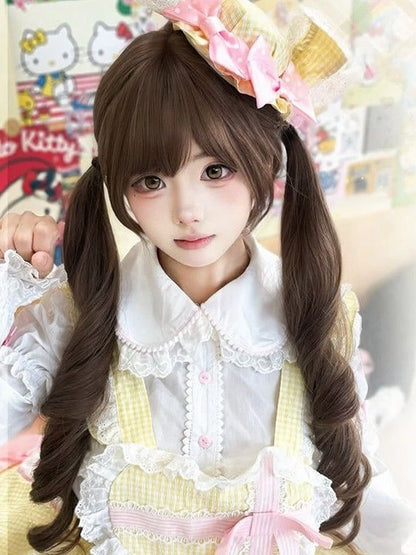 Honey Tea Curly Wig with Full Bangs and Twin Tails - Meow Island Wig
