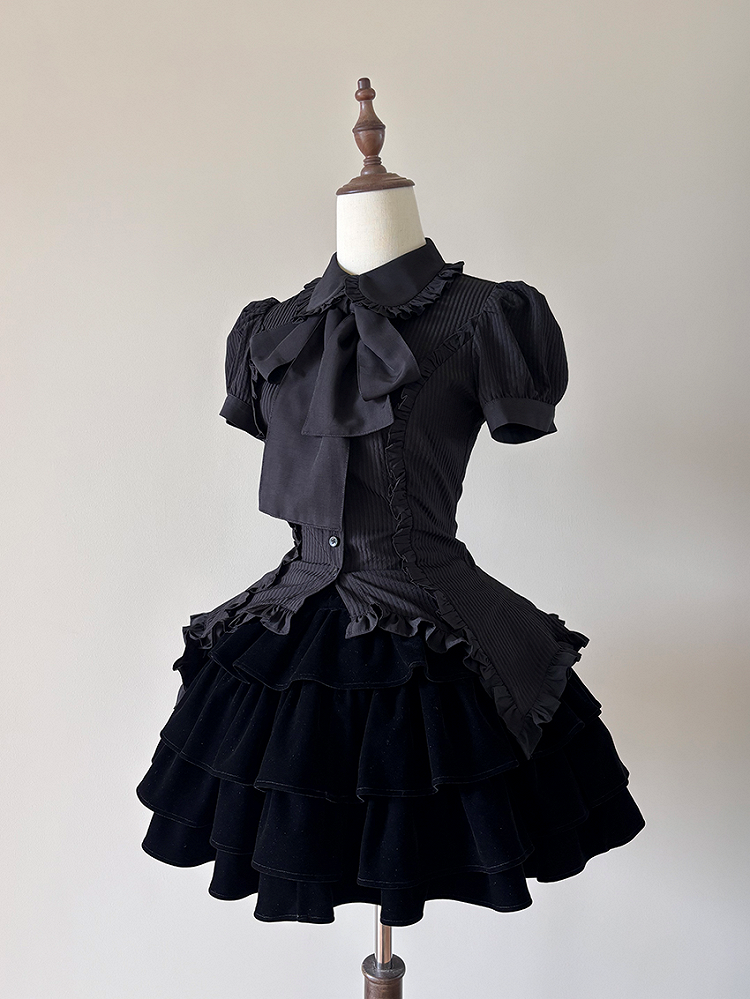 Black Neckline Lolita Sleeves Blouse Ruffle Gothic Stripe Puff and