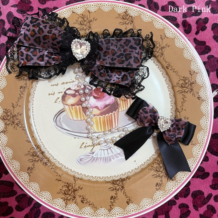 Pink Two BlackDark/Light Hairclips Chain Bowknot Rhinestone Heart Bead Decorated