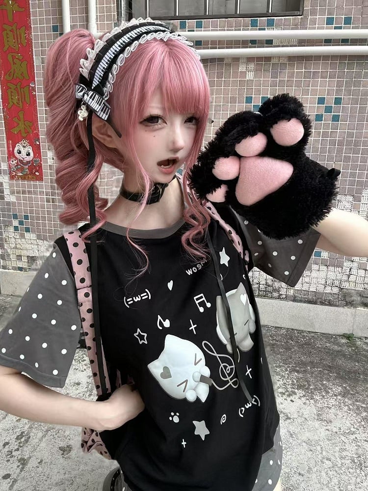 Cotton Polka with Note T-shirt Music Dot Pattern Black Panel Print Cat Themed
