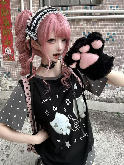 Cotton Polka with Note T-shirt Music Dot Pattern Black Panel Print Cat Themed