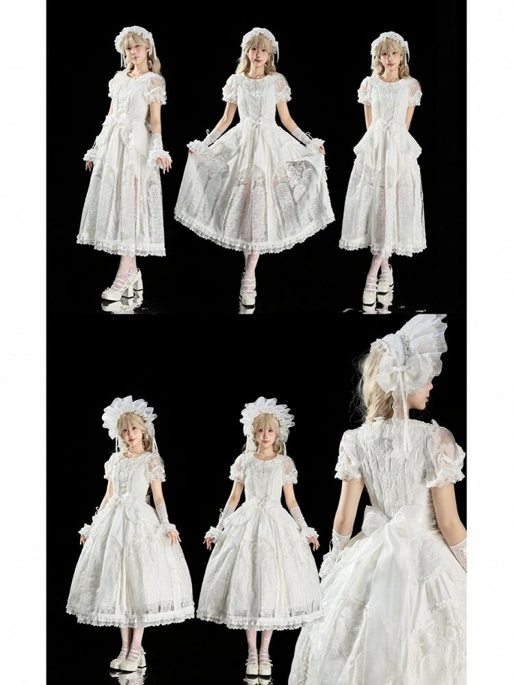 Classic Ivory Puff-Sleeve OP Gown with Sash & Lace Accents - Sleepless Unanswered