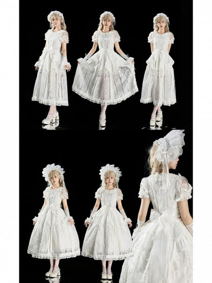 Classic Ivory Puff-Sleeve OP Gown with Sash & Lace Accents - Sleepless Unanswered