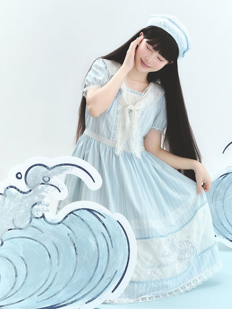 Blue Striped Lace OP with Bow Tie - Liz Bird
