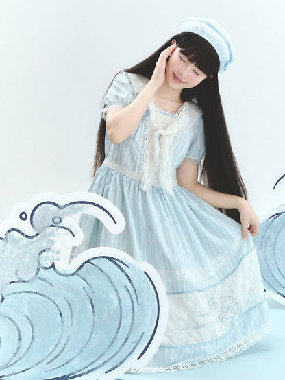 Blue Striped Lace OP with Bow Tie - Liz Bird