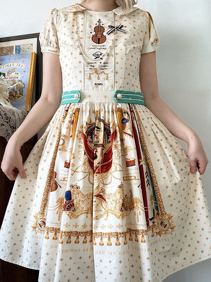 Short White Musical Print Peter Pan Collar OP Dress with Tassels - Crucis Universal Tailor Company