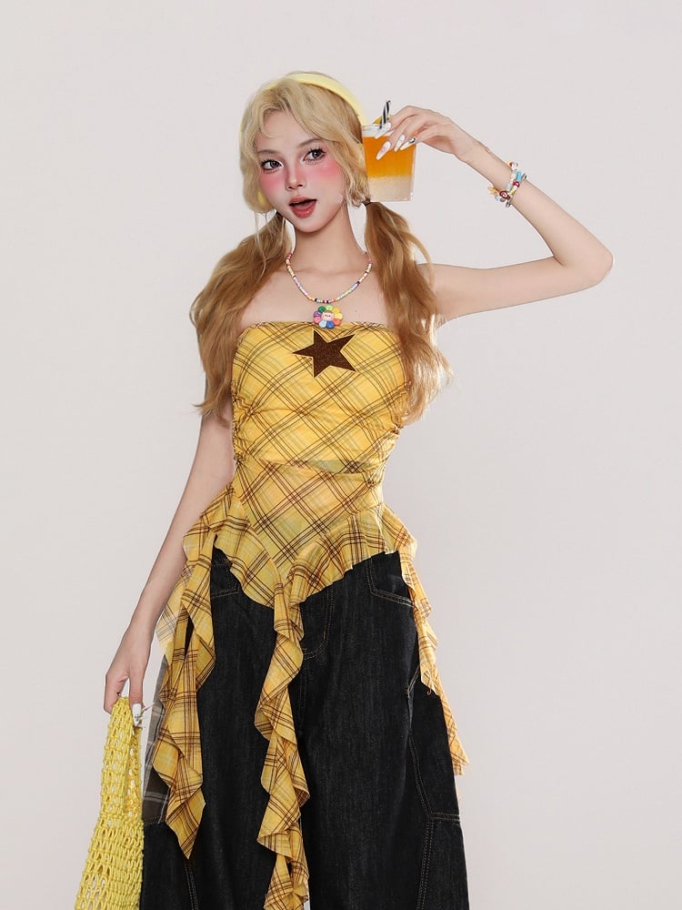 Yellow Plaid Strapless Top with Star Accent and Cascading Ruffle Hem