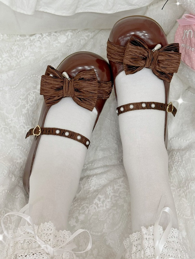 Top Decorated Chocolate Bow Lolita Toe Heart at Round Beaded Shoes Buckle Brown