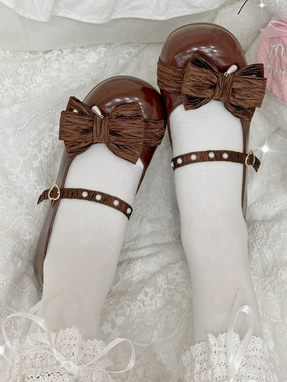 Top Decorated Chocolate Bow Lolita Toe Heart at Round Beaded Shoes Buckle Brown